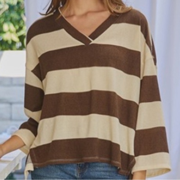NWT CES FEMME Long Sleeve Striped V-Neck Oversized Relaxed Fit Size Large - Picture 1 of 5